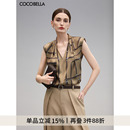 衬衫 COCOBELLA重磅缎面印花无袖 夏V领捏褶知性优雅通勤上衣SR3102