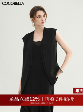 COCOBELLA静奢假两件黑色西装风马甲通勤休闲仿醋酸上衣WS7005-3