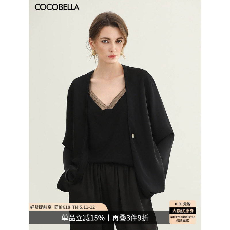 COCOBELLA仿醋酸缎面黑色外套女松弛感简约休闲西装SC3016-2
