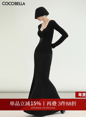 COCOBELLA轻奢通勤黑色针织半身裙女秋冬大摆鱼尾长裙HS3153
