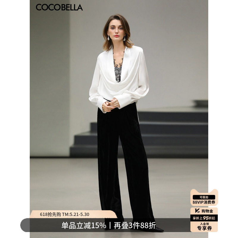 COCOBELLA设计感高腰黑色丝绒阔腿裤女26春直筒休闲裤PA538A