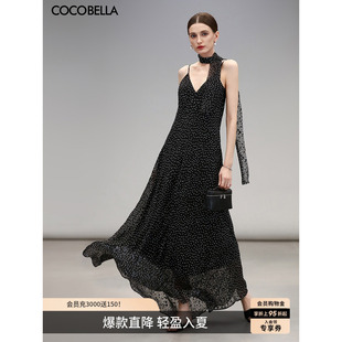 COCOBELLA设计感领巾复古波点吊带裙长裙烧花肌理感连衣裙FR0063