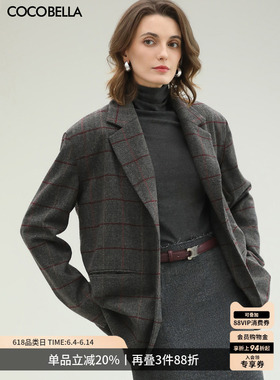 COCOBELLA复古人字纹格子西装女春气质通勤微廓西服外套SI7002-3