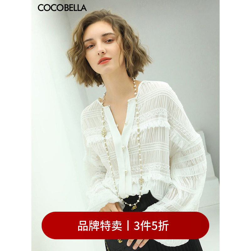 【3件5折】COCOBELLA时尚微透视立体缆褶衬衫气质雪纺衫LC500