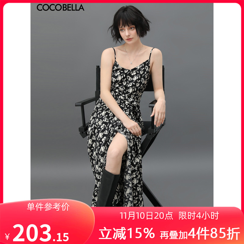 COCOBELLA围裹式碎花吊带裙沙滩印花连衣裙束腰系带长裙FR609