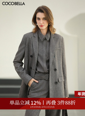 预售COCOBELLA老钱风灰色薄呢西装女26春通勤双排扣收腰外套SI2C