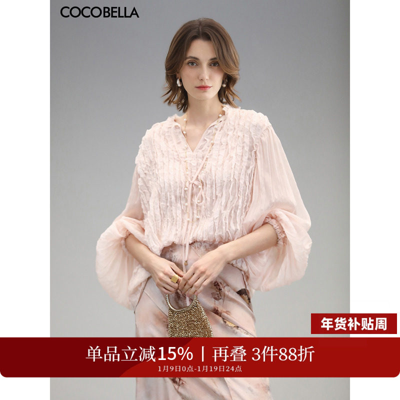 COCOBELLA名媛风木耳边绗缝压褶飘带衬衫女优雅立领雪纺衫SR3006