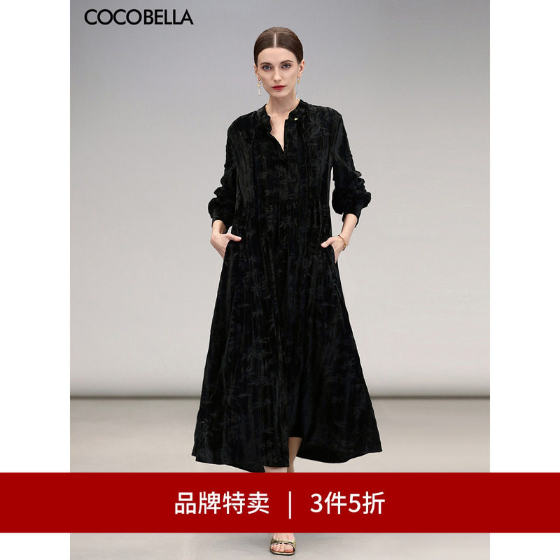 【3件5折】COCOBELLA新中式长袖丝绒连衣裙小黑裙衬衫裙FR0002-3