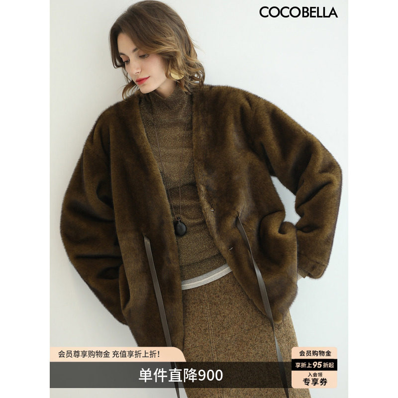 COCOBELLAPU腰带环保皮草外套图片