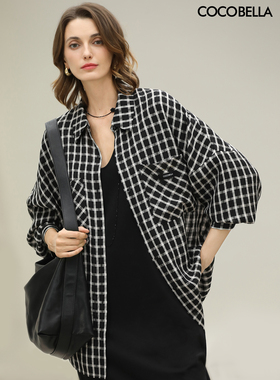 预售COCOBELLA复古黑白格纹休闲衬衫女26春通勤褶皱宽松外套SR60