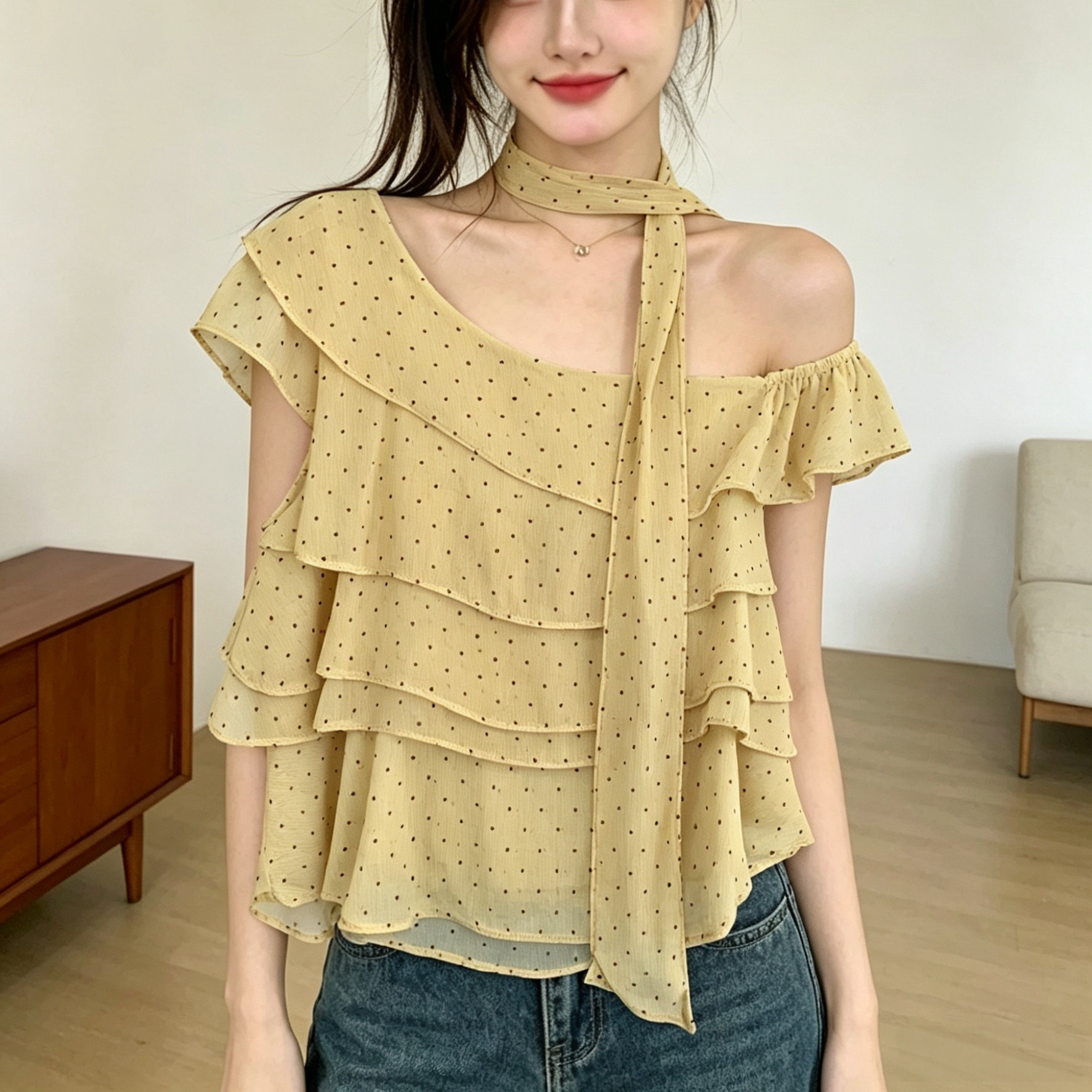 2026夏飘带荷叶边蛋糕衬衫女衬衫