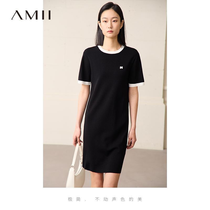 Amii2024夏新款极简撞色圆领短袖双曲纱针织冰丝宽松休闲连衣裙女