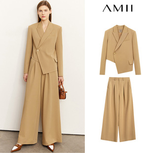 Amii2025春装新款职业套装女不规则西装外套休闲炸街阔腿裤两件套