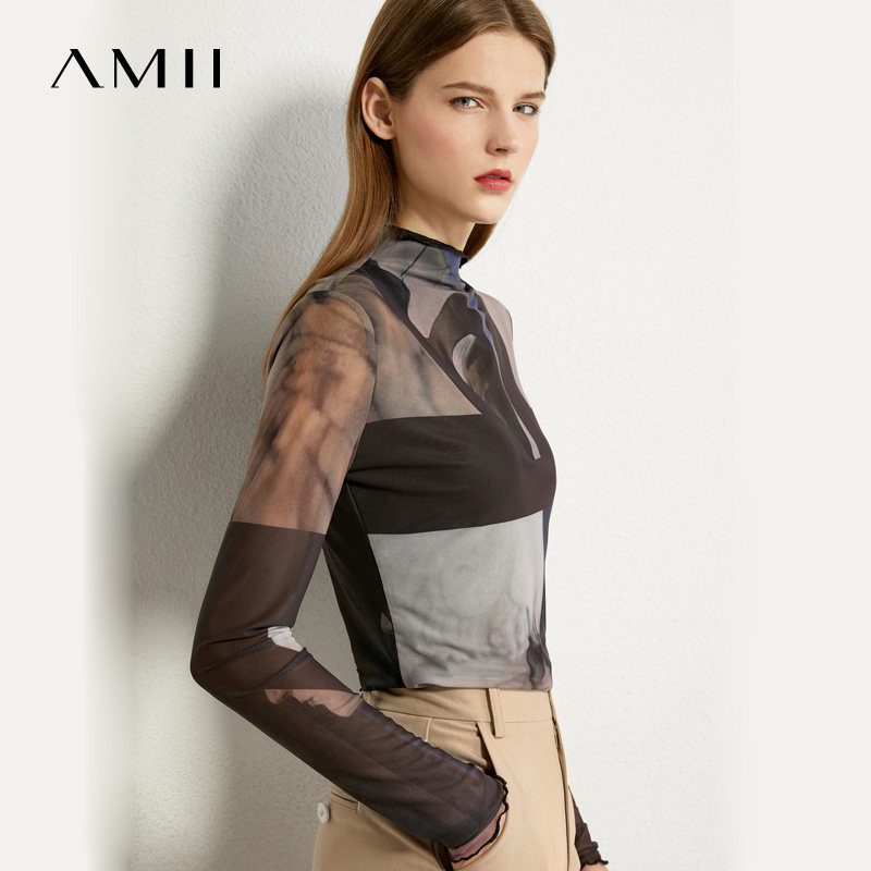 amii女装旗舰薄蕾丝网纱打底衫女春新款艾米内搭大码长袖t恤上衣