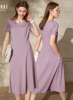 Amii女装赫本风罗马布连衣裙2025新款amll圆领法式小黑裙女夏裙子