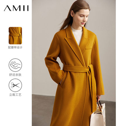 Amii2024冬季新款全羊毛双面呢女西装式翻领手工精缝轻奢外套大衣