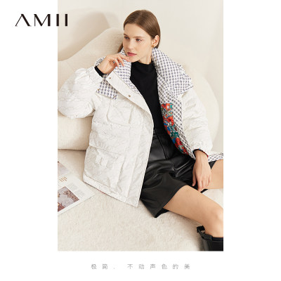 Amii2024冬新款百搭宽松潮牌两面穿连帽鸭绒中长羽绒服外套女