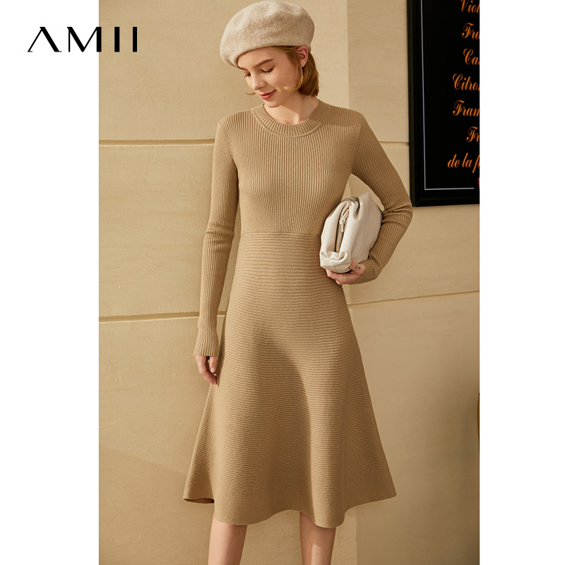 Amii女装旗舰春季新款艾米修身长袖针织连衣裙女显瘦A字裙毛衣裙