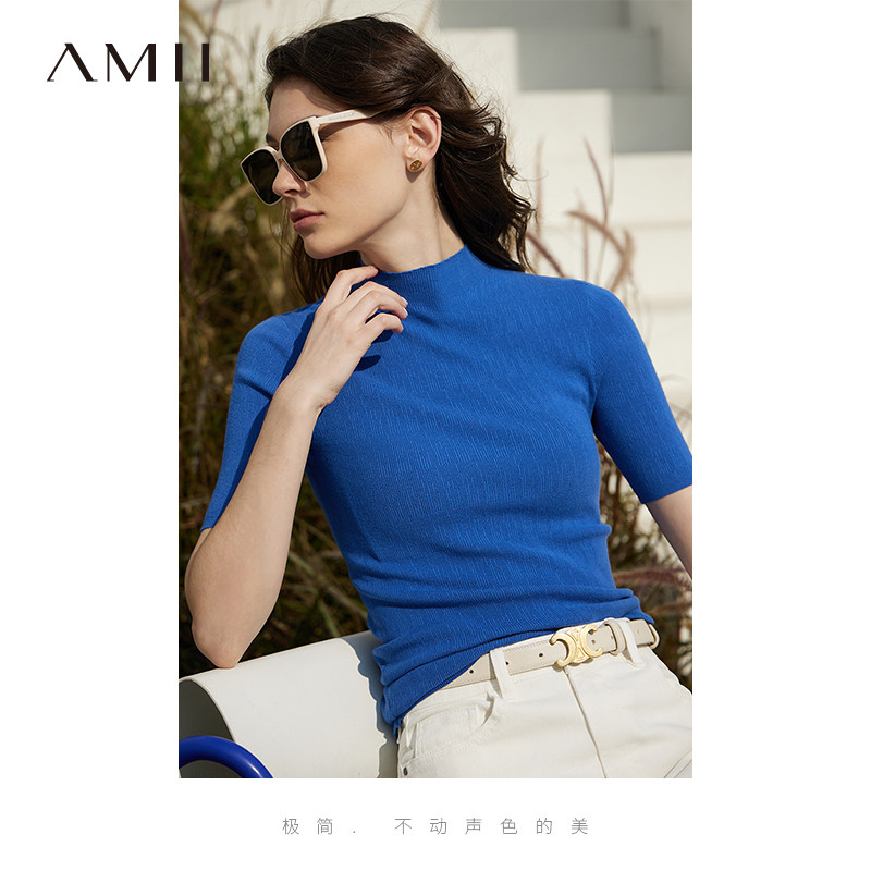 Amii2025春极简气质修身半高领纯色百搭通勤风针织衫女上衣