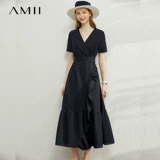 Amii Минималистичное платье, длинная черная длинная юбка, французский стиль, V-образный вырез, А-силуэт