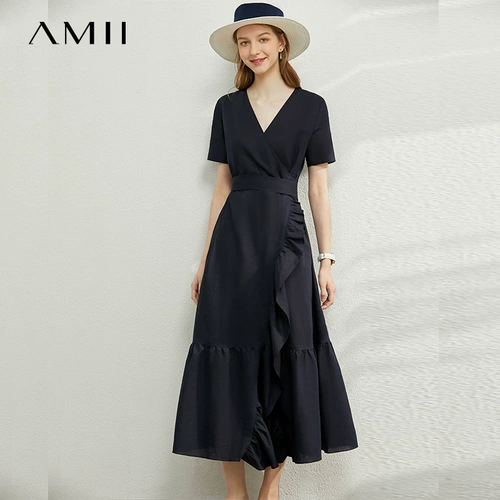 Amii Минималистичное платье, длинная черная длинная юбка, французский стиль, V-образный вырез, А-силуэт