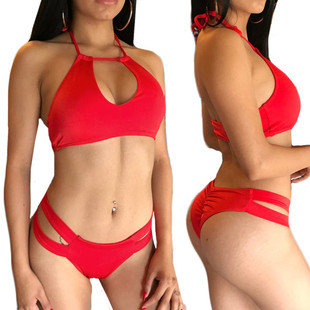 欧美比基尼泳衣女性感三点式挂脖绑带bikini大码沙滩比坚尼 1001