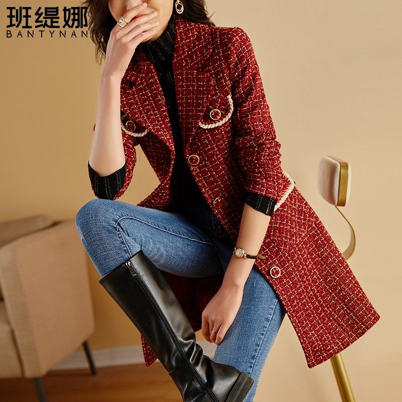 小香风粗花呢外套女中长款红色毛呢大衣气质百搭显瘦高级感女外套