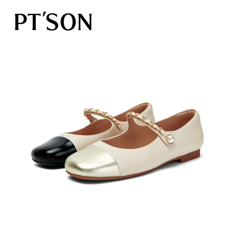 百田森链条珍珠扣带小香风单鞋