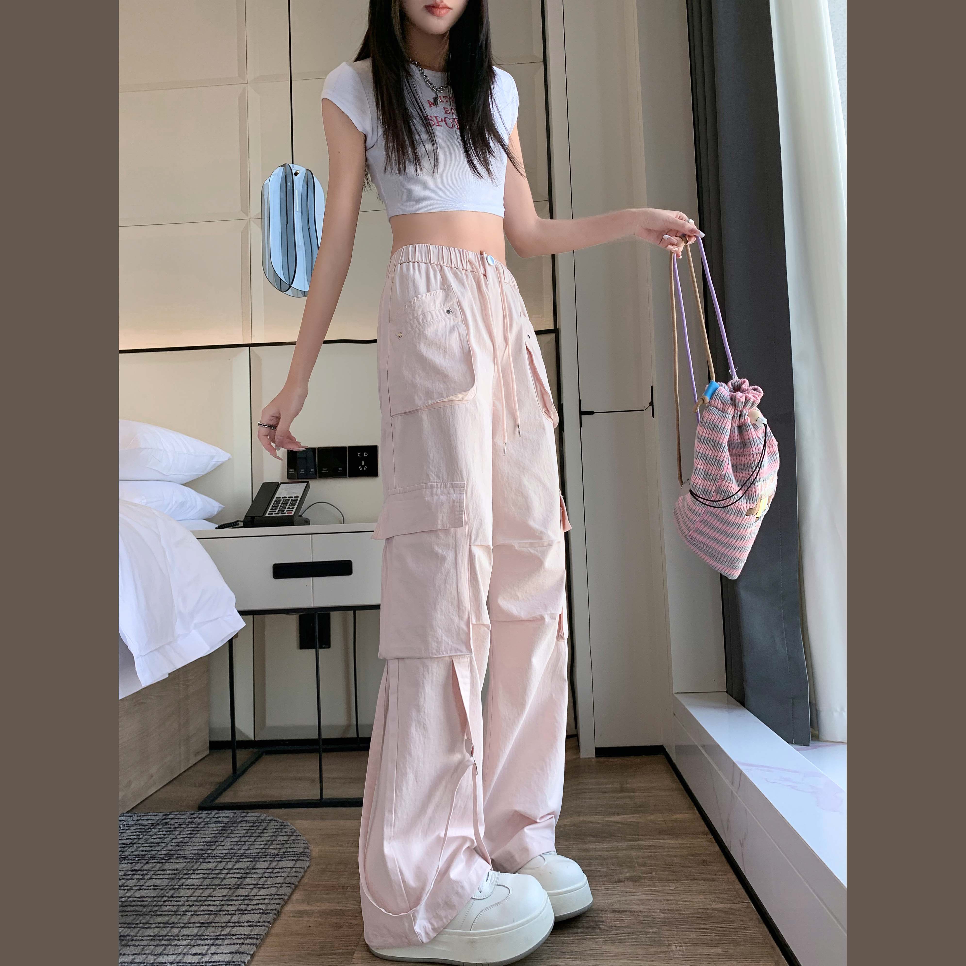 韩版抽绳高腰垂感窄版阔腿冰丝裤女夏季薄款小个子九分速干工装裤