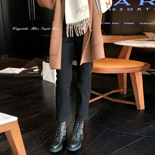 黑色弹力牛仔裤女小个子七分靴子裤秋冬加绒韩版高腰九分烟管裤子