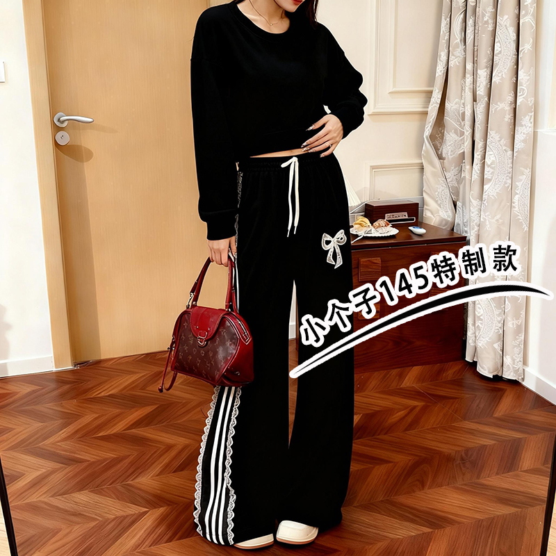 秋冬蕾丝拼接条纹可爱休闲裤女小个子百搭高腰宽松运动卫裤子xs码
