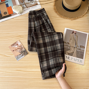小矮个子145七分格子毛呢裤女秋冬加绒加厚显高休闲哈伦萝卜裤xxs