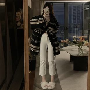 145xxs七分白色直筒牛仔裤女秋冬加绒高腰显瘦九分小个子烟管裤子