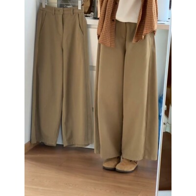 慵懒风卡其色九分阔腿裤女春夏款小个子宽松百搭休闲工装裤长裤子