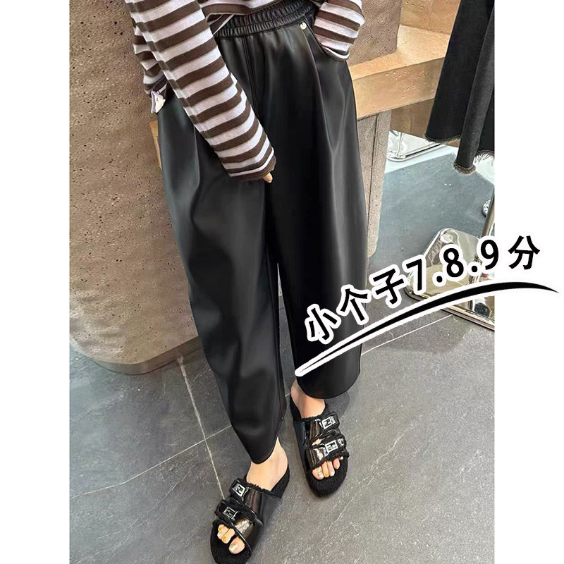 小个子140七分黑色PU皮裤女秋冬新款高腰显瘦九分直筒阔腿裤xxs码