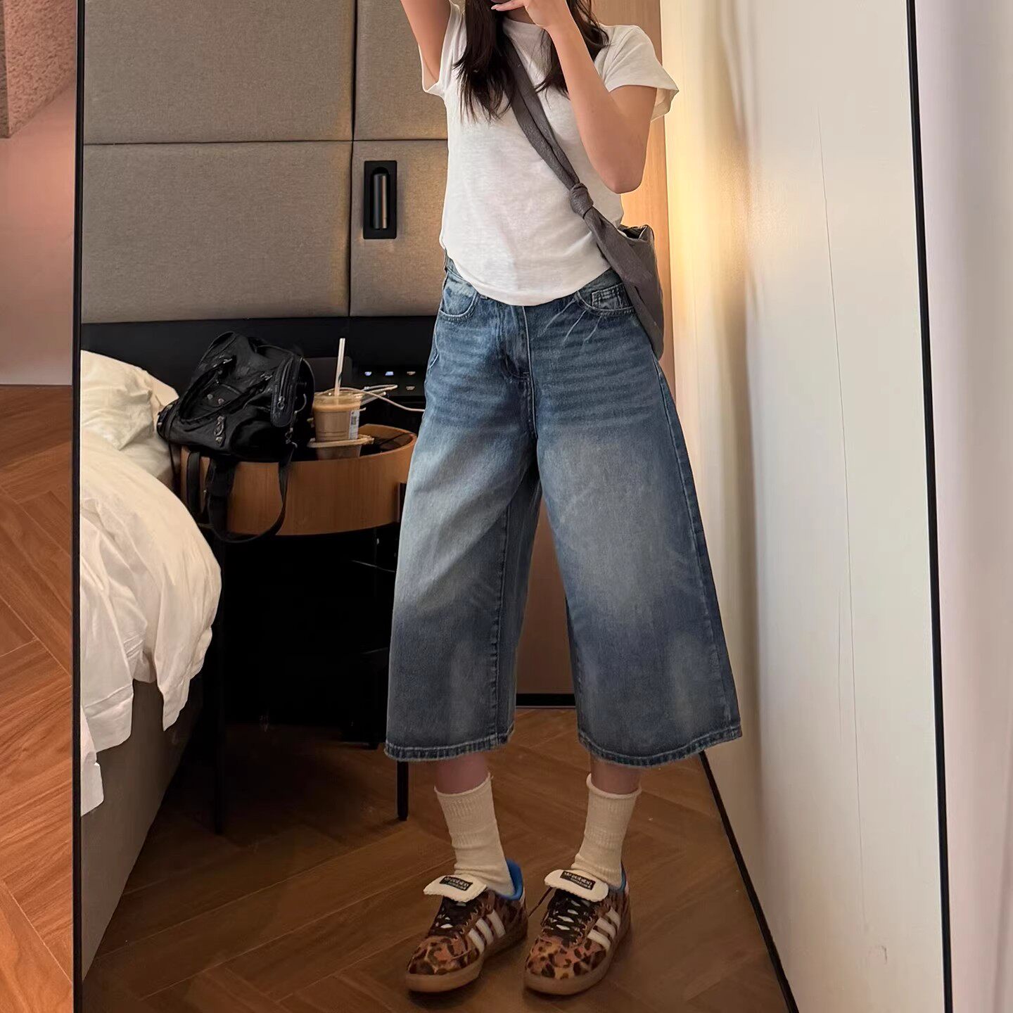 小个子穿搭复古阔腿高腰牛仔七分裤女夏薄款垂感显瘦直筒中裤短裤