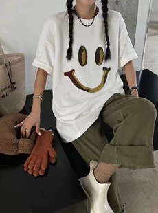 韩版 潮 女装 ZW卓娃2023春季 复古笑脸宽松休闲百搭设计感打底衫 短袖