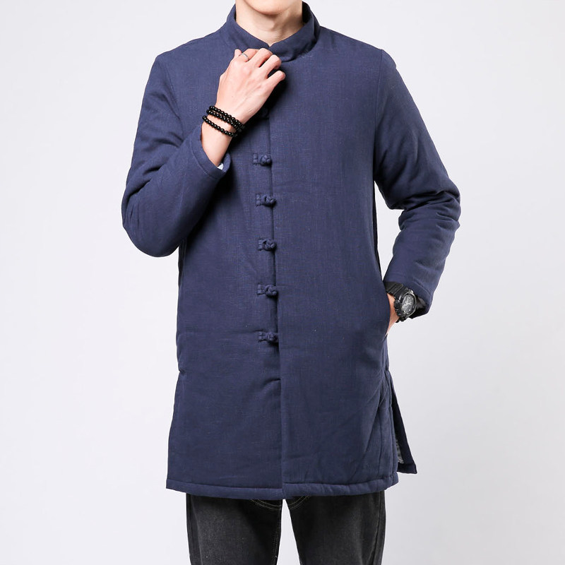 CHINESE STYLE PADDED JACKET MENS MID-LENGTH WINTER COTTON AND LINEN RETRO HOODED THICK PADDED JACKET CHINESE STYLE BUCKLE TANG SUIT PADDED JACKET