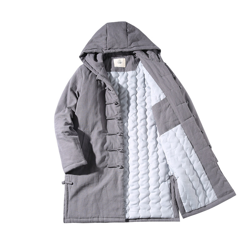 CHINESE STYLE PADDED JACKET MENS MID-LENGTH WINTER COTTON AND LINEN RETRO HOODED THICK PADDED JACKET CHINESE STYLE BUCKLE TANG SUIT PADDED JACKET