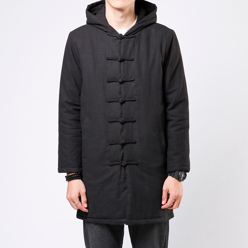 CHINESE STYLE PADDED JACKET MENS MID-LENGTH WINTER COTTON AND LINEN RETRO HOODED THICK PADDED JACKET CHINESE STYLE BUCKLE TANG SUIT PADDED JACKET