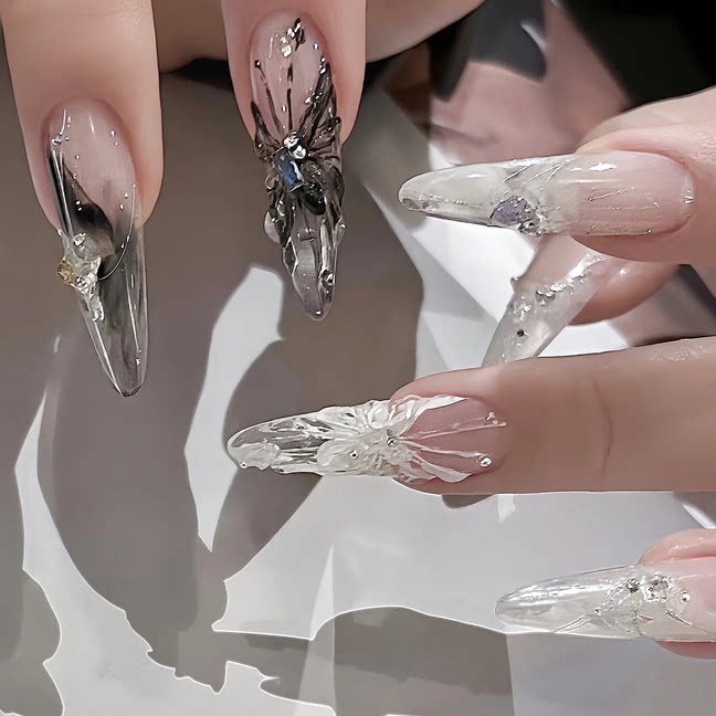 高定手工定制光疗新娘穿戴甲孕妇可拆卸晕染长款立体黑白蝴蝶美甲