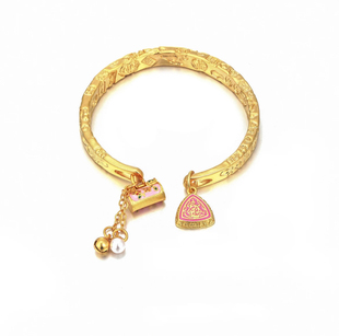 沙金手镯女錾刻藏风粉色同心锁吉言开口镯子轻奢高级感手环送女友