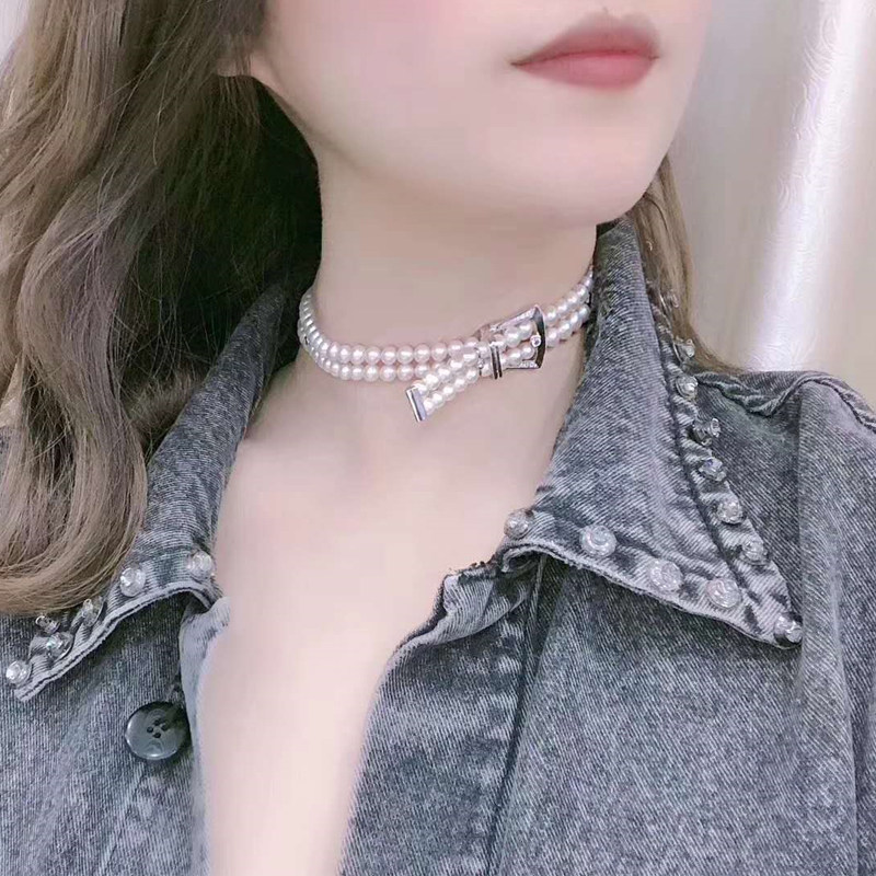 热巴同款淡水珍珠颈链纯铜镀银皮带扣双层扣个性时尚珍珠短款项链