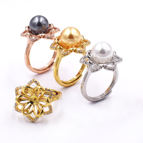 DIY配件新款s925纯银精工花朵珍珠戒指开口指环时尚空托 半成品女