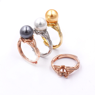 8~10mm珍珠戒托女纯铜镀18K金戒指空托 DIY镶嵌圆形珠子配件活口