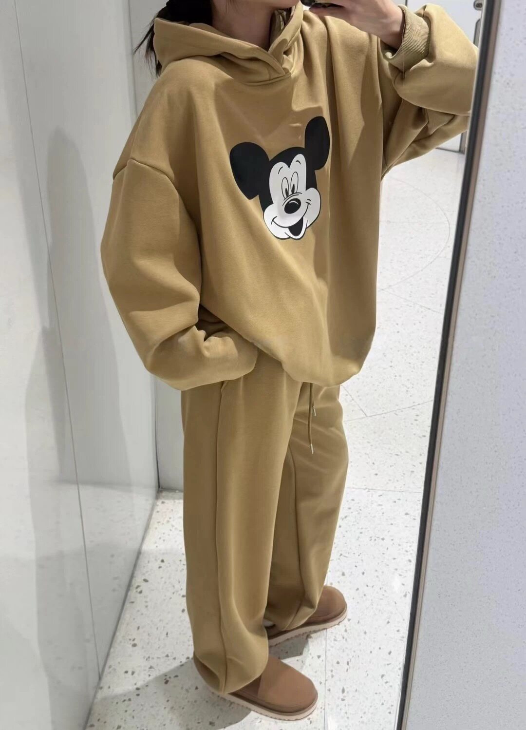 韩系冬新卡通印花连帽婴儿绒卫衣+直筒束脚裤套装休闲显瘦两件套