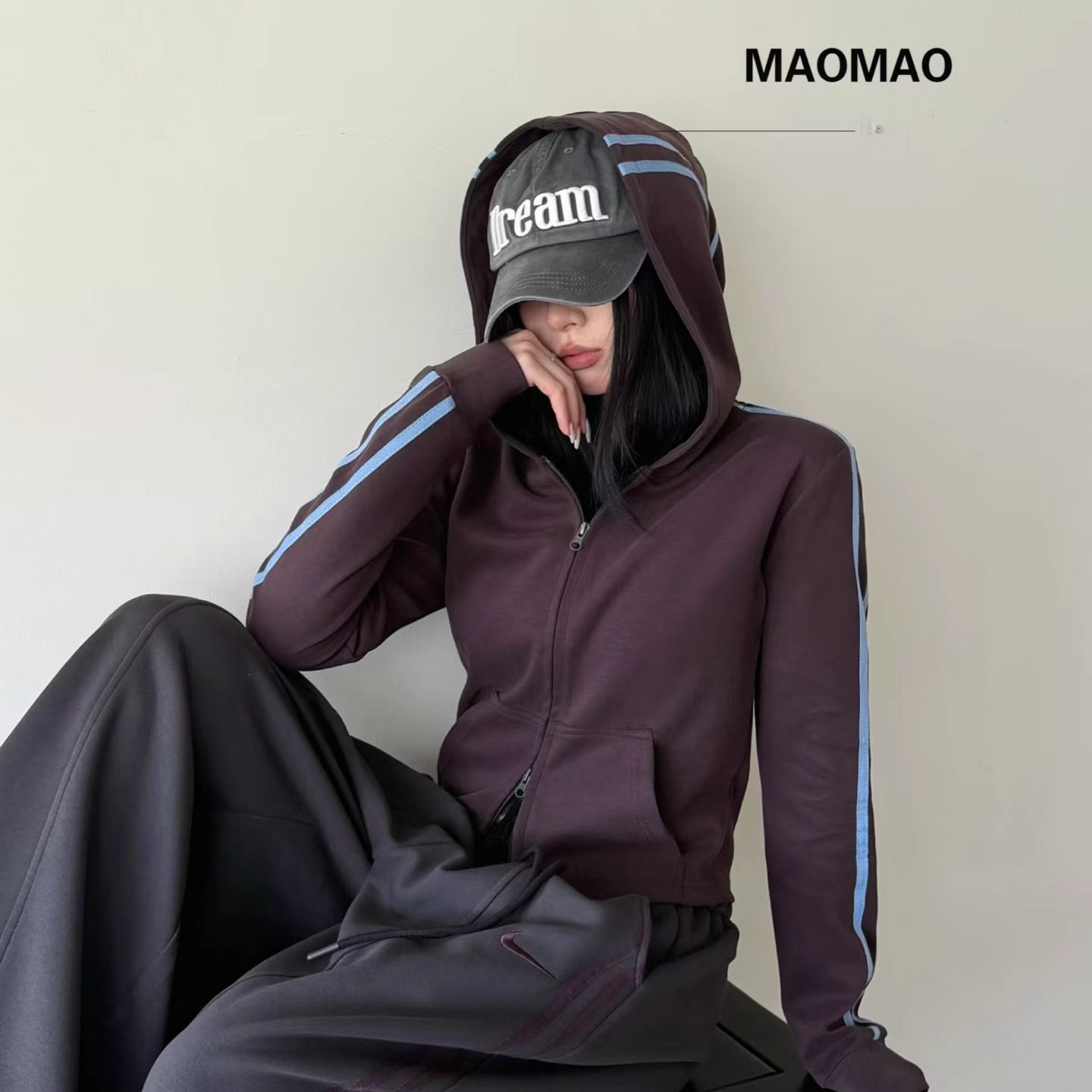 Maomao2026韩系秋季新款连帽卫衣撞色条纹开衫修身百搭外套潮