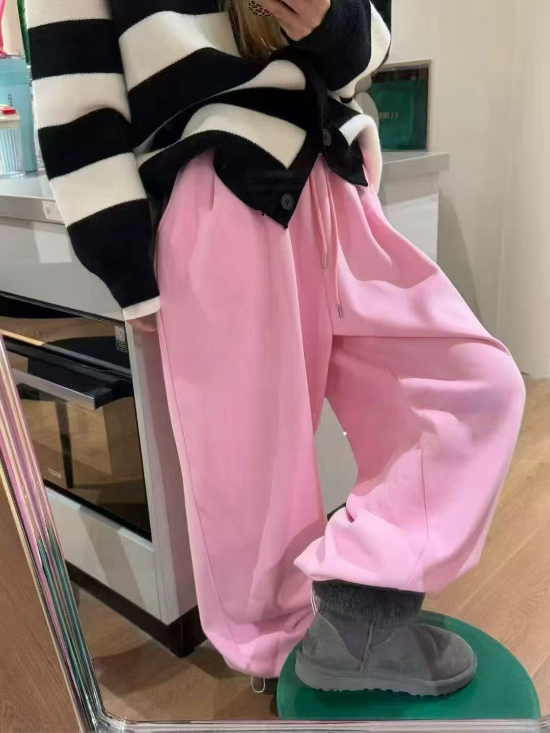 韩系新款加绒加厚抽绳阔腿卫裤女