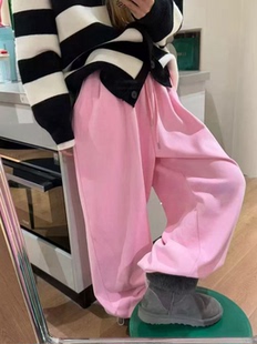 冬季新款加绒加厚抽绳卫裤女宽松百搭休闲运动裤直筒束脚阔腿长裤