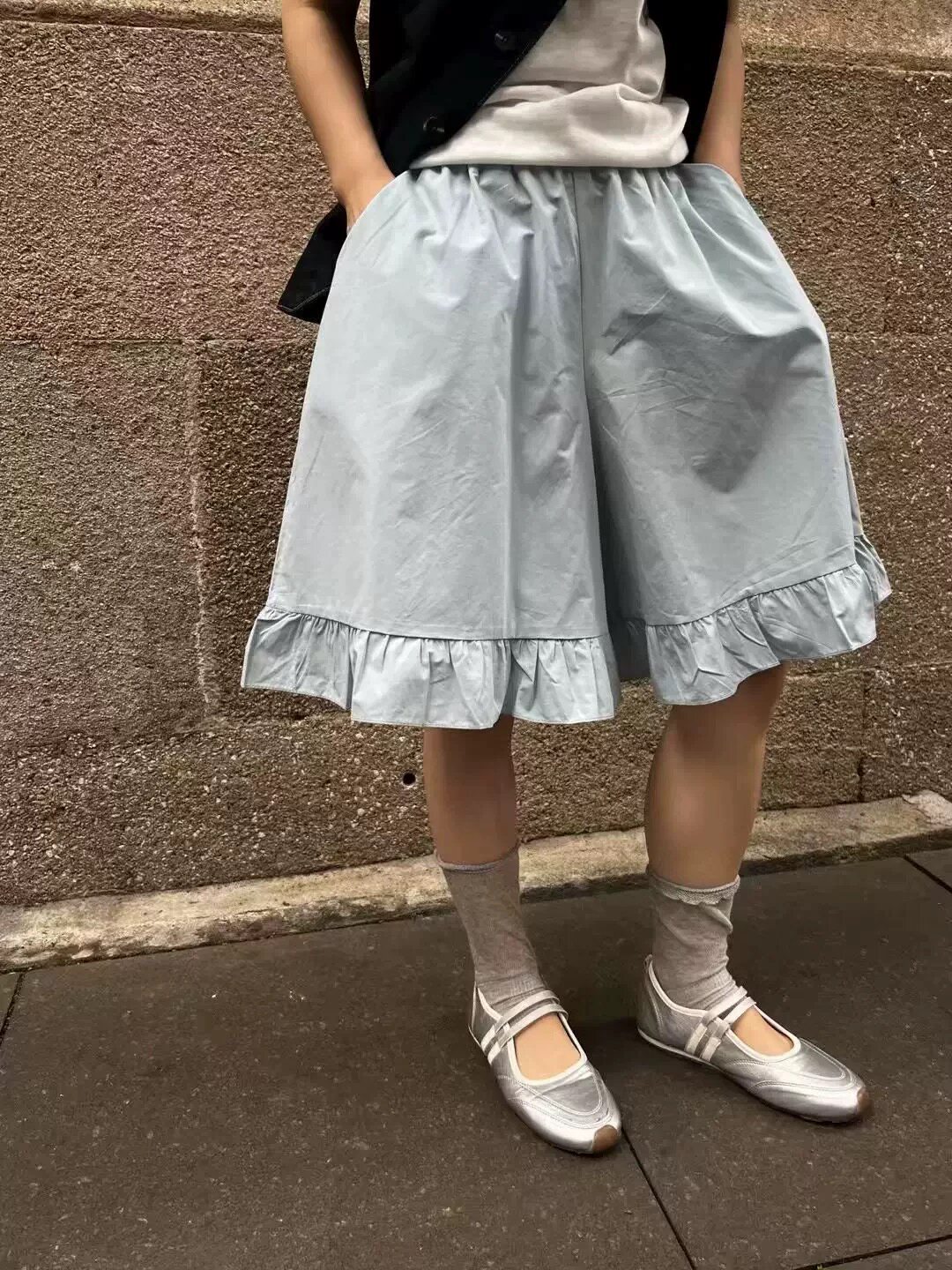 韩系夏季新款小众设计木耳边阔腿五分休闲裤宽松百搭显瘦中裤潮